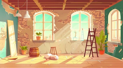 Remodeling, repairing, and improving a home apartment. Interior with raw walls, ladder, cement sacks, and windows. Building construction, moving to a new location, Cartoon modern illustration.