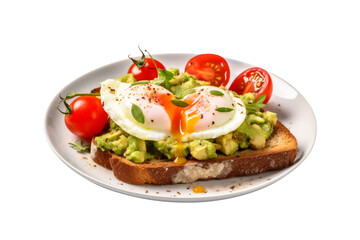 Fototapeta na wymiar Healthy breakfast with whole wheat toast,mashed avocado,tomato and egg boiled on plate isolated on transparent background.