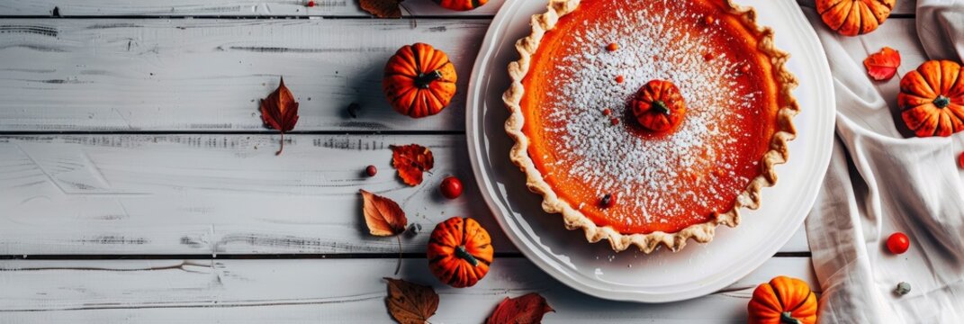 pumpkin pie on a white wooden table, top view, with small pumpkins around the pumpkin pie, Banner Image For Website, Background, Desktop Wallpaper