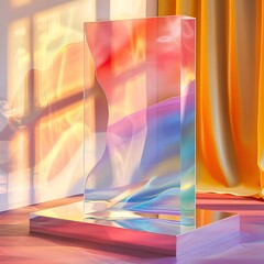 An elegant glass pedestal with a vibrant rainbow of stripes and wavy lines. It features elements of light and texture that come together to form a bright and artistic backdrop.