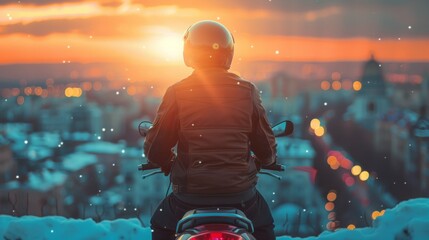Man wearing helmet sitting on motor bike or scooter on urban road. Back view - Powered by Adobe