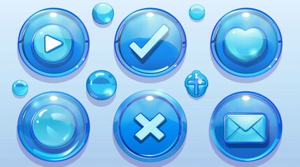 The modern cartoon set consists of blue UI elements, glossy buttons containing symbols for sound, search, arrows, mail, home, cross and checkmarks.