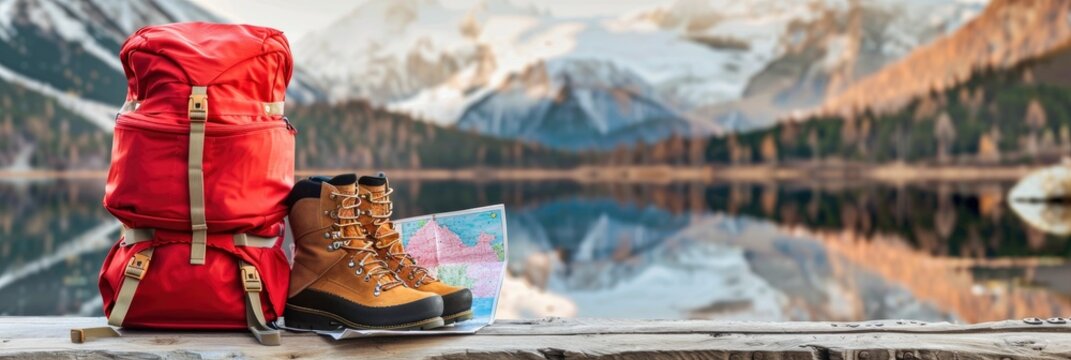 Red backpack, hiking boots and map on a wooden table against a mountain landscape with a lake in the background, Banner Image For Website, Background, Desktop Wallpaper
