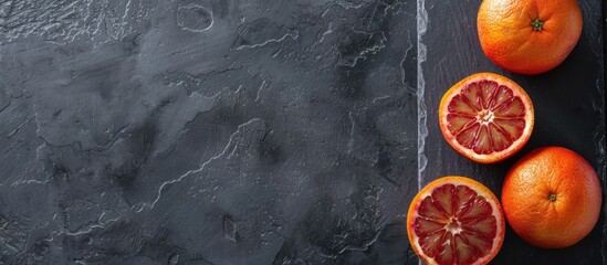 Blood oranges positioned on a dark slate mat, one sliced in half, displayed vertically with space for text above. - obrazy, fototapety, plakaty