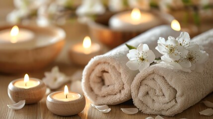 Fototapeta na wymiar Spa still life with candles, towels, and aromatherapy elements for relaxation and wellness