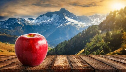 red apple on a wooden table on a mountain