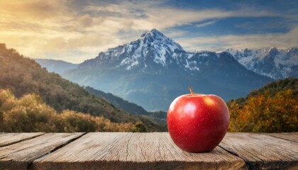 red apple on a wooden table on a mountain
