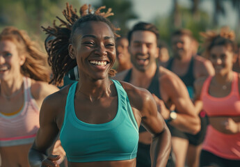 A diverse group of people running outdoors, smiling and wearing athletic wear for fitness training...