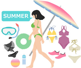 夏のアイテムを想像する女性のイラスト