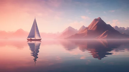 Foto op Plexiglas A solitary sailboat gliding peacefully across the glassy surface of a lake. © Ansar