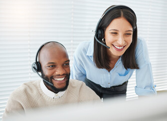 Training, smile or people consulting in call center for advice, talking or networking online in...