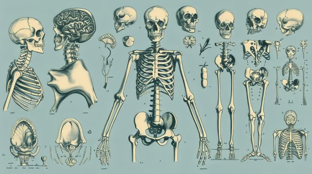 An old engraved illustration of the human skeleton from front and back, with its functional parts and their names. It is from the Trousset encyclopedia (1886 - 1891).