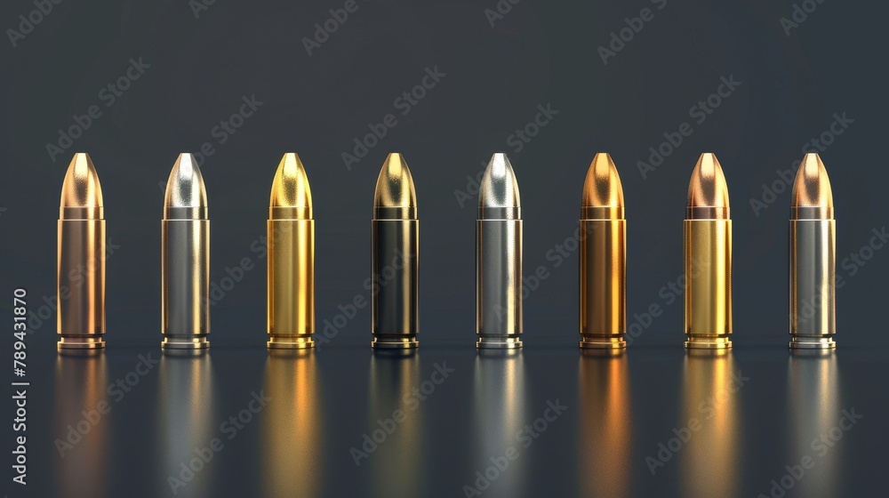 Poster a row of bullets with different calibers for different weapons. isolated in 3d on a silver, gold, an