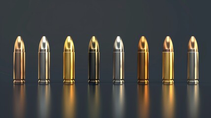 A row of bullets with different calibers for different weapons. Isolated in 3D on a silver, gold, and copper background.