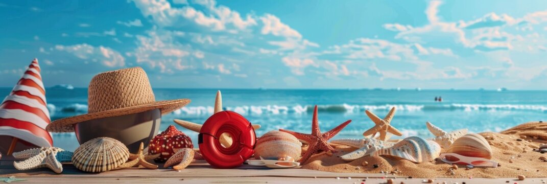 The beach with summer accessories on a wooden table, blue sea and sky background. A summer vacation concept banner written in the bottom right corner, colorful, vibrant, high resolution, Banner Image