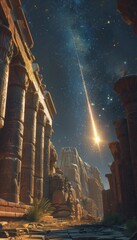 The ruins of an ancient Egyptian city bathed in the light of a shooting star