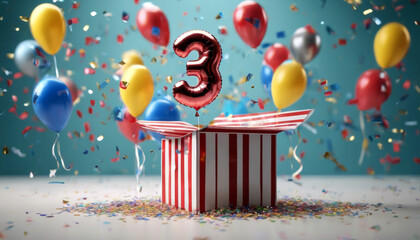 confetti 3D surprise Happy balloon box  3rd Rendering birthday three third age anniversary background banner box bright card celebrate celebration concept congratul