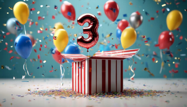 confetti 3D surprise Happy balloon box  3rd Rendering birthday three third age anniversary background banner box bright card celebrate celebration concept congratul