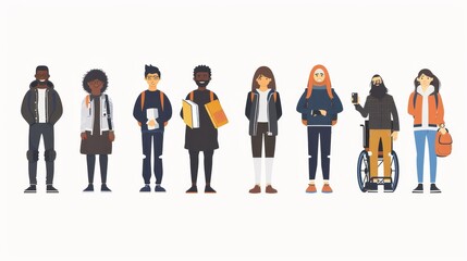 A group of diverse students with books, phones, and backpacks. Modern flat illustration of men and women characters, a Muslim girl, and someone with a disability.