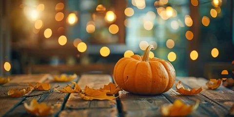 Rolgordijnen Autumn Harvest Pumpkin on Wood Table with Bokeh Lights Background in Fall Season Atmosphere © SHOTPRIME STUDIO