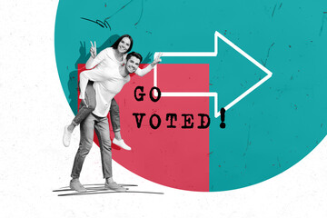 Creative picture collage happy young partners man woman showing peace sign gesture arrow direction go voted election referendum concept
