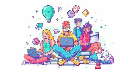 School, college or university students with books and gadgets. Teenagers communicate, chat, work on laptops, prepare for exams, Line Art flat modern illustration.