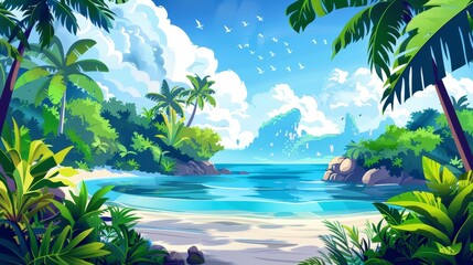 Summer island landscape with silhouettes of rainforest trees, lianas, and grass on a tropical sea beach with jungle plants in the water. Modern cartoon panorama with jungle plants in the water. - obrazy, fototapety, plakaty