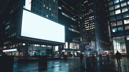 A blank white billboard with no text or graphics stood on the sidewalk in an urban city at night