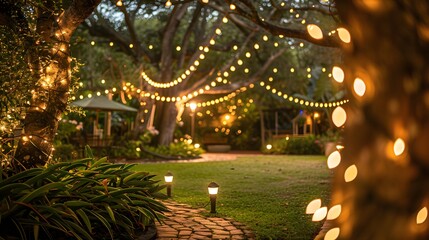 a garden with warm led lights soft bokeh