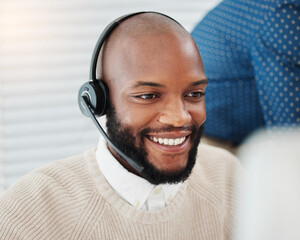 Face, smile or black man consulting in call center networking online on computer in telecom agency....