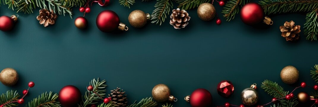 Vibrant Christmas Background with Colorful Decorations and Christmas Lights on Dark Green Table , highlighting its striking features, Banner Image For Website, Background, Desktop Wallpaper