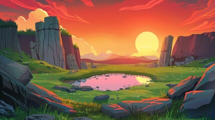 Stunning summer landscape of a mountain valley with a lake or river at sunset. Modern illustration of rocks, pond, green grass, and the sun in the red sky.