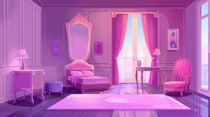 An interior of a pink bedroom with purple decorations. The room has modern furniture, a mirror, a bed, an armchair, a table and a cupboard. The interior is feminine and fits for girls, hotels,