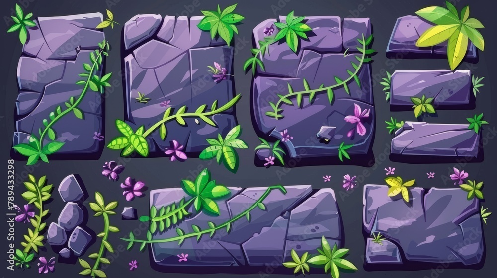 Poster menus with vines on stone. buttons, frames, cartoon interface plaques with lianas on rock. user inte