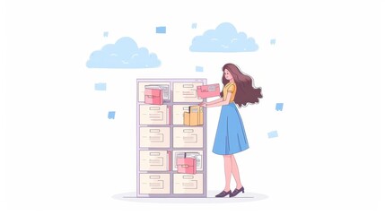 Files, documents, and data archives organized and stored on a computer. Modern illustration of woman sorting and organizing papers. Icons of folders, folders, digital information, and cloud storage