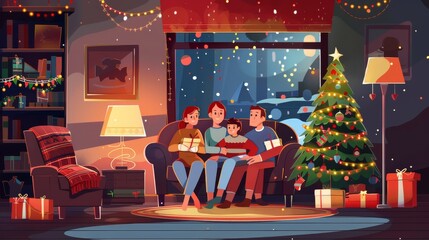 This New Year's banner features a family in a living room with a Christmas tree. Modern illustration of cute kids and their parents relaxing on a couch.