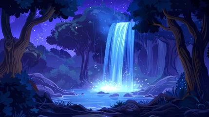 Fotobehang Summer forest with cascade waterfall at night. Natural panorama with dark woods landscape with water stream flowing off rocks, a lake, trees trunks, and bushes, modern illustration. © Mark