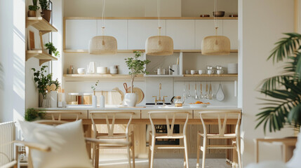 Modern Scandinavian kitchen with dining table and chairs, white cabinets, wooden cupboards, beige...