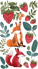 Illustration of a cute little fox and little hare among flowers and raspberries on a white background, children's illustration for a book