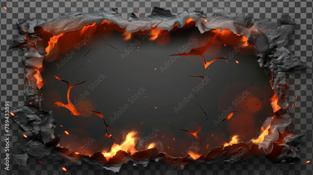 Poster isolated burnt frames isolated on transparent background with charred uneven edges. burned frames is