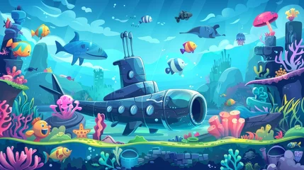  Underwater landscape with submarine, sunken sculptures, fish, corals, marine plants and animals. Tropical ocean bottom scene with bathyscaphe. Modern web design. © Mark