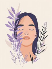 A white and lavender artwork of a woman's face with her eyes closed and surrounded by plants.