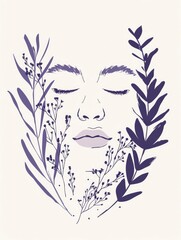 A white and lavender artwork of a woman's face with her eyes closed and surrounded by plants.