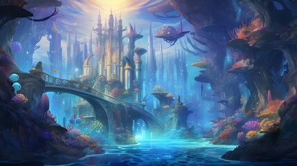Underwater scene with fishes and a bridge. 3d illustration.