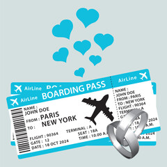 Honeymoon. Beautiful blue boarding passes with wedding rings and hearts. Hand drawn vector icon illustration V.