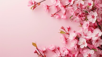 Fototapeta na wymiar Delicate Cherry Blossoms on Pastel Pink Background. Springtime Elegance with Border Cherry Blossoms