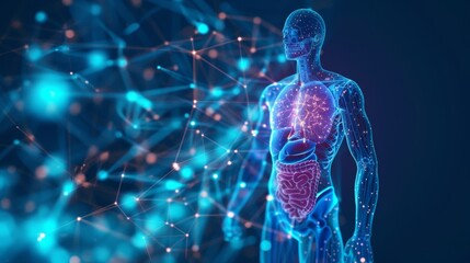 Modern background with a medical model of man with points and lines. Human anatomy.