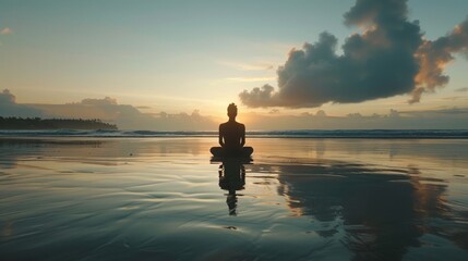 Silhouetted yogi immersed in tranquil sunrise meditation amidst the idyllic sandy shores and azure waters of Bali