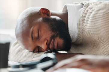 Sleeping, black man and tired agent in call center overwhelmed by deadlines with fatigue in telecom. Lazy, depressed or exhausted African consultant resting in nap with burnout in customer service - obrazy, fototapety, plakaty
