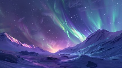 Glowing ribbons of emerald and lavender Northern Lights swirl above an icy untouched Arctic terrain under a star-studded sky - obrazy, fototapety, plakaty